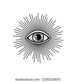 Providence illuminati evil seeing eye, witchcraft and alchemy magic symbol in sun rays. Vector doodle esoteric eye talisman, all seeing masons sign