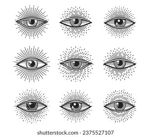 Providence illuminati eye. Tattoo, esoteric occult symbol of freemason. Vector spiritual, magic and mystic all seeing eye of God signs set of freemasonry conspiracy, alchemy or occult religion amulet