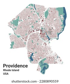 Providence map, Hauptstadt des US-Bundesstaates Rhode Island. Stadtverwaltung Stadtplan mit Gebäuden, Flüssen und Straßen, Parks und Eisenbahnen. Vektorgrafik.