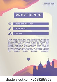 Providence, infográficos vetoriais do estado de Rhode Island, layout de brochura. Guia, folheto, folheto, modelo gráfico de publicidade com texto, informação, EUA forma do horizonte da cidade. Página, festival, imagem de capa