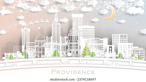 Providence Rhode Island USA. Winter City Skyline in Paper Cut Style with Snowflakes, Moon and Neon Garland. Christmas, New Year Concept. Santa Claus on Sleigh. Providence Cityscape with Landmarks.