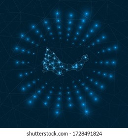 Mapa digital de Providenciales. Rayos brillantes irradiando desde la isla. Conexiones de red y diseño de telecomunicaciones. Ilustración vectorial.