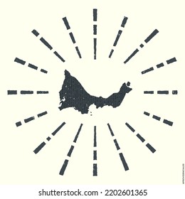 Providenciales logo. Grunge sunburst poster with a map of the island. The shape of Providenciales is filled with hex digits and surrounded by sunburst rays. Vibrant vector illustration.
