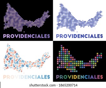 Mapa de Providenciales. Colección de mapas de Providenciales en estilo punteado. Las fronteras de la isla están llenas de rectángulos para tu diseño. Ilustración vectorial.