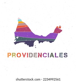 Providenciales map design. Shape of the island with beautiful geometric waves and grunge texture. Vibrant vector illustration.