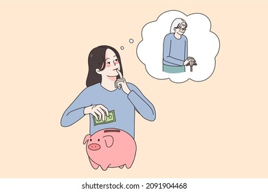 Provident Young Woman Save Money In Piggybank Think Of Happy Wealthy Retirement. Economic Girl Make Investment For Future, Consider Elderly Years. Finance Stability Concept. Vector Illustration. 