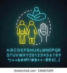 Provider neon light concept icon. Healthcare idea. Health professional. Taking care of patient. Treatment services provider. Glowing sign with alphabet, numbers, symbols. Vector isolated illustration