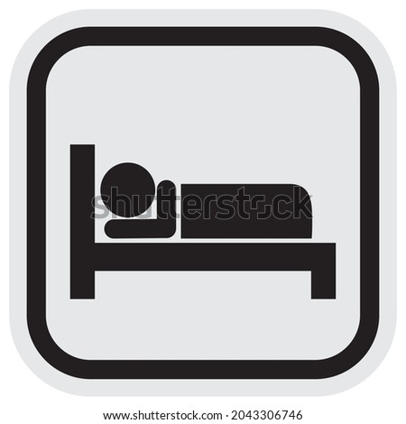 Providing accommodation, hotel icon, black pictogram on gray background, frame, vector, person in the bed 
