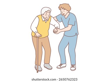 Providing assistance or support to pensioner after retirement and volunteer work in nursing home. Medical worker helps sick pensioner get out of chair and walk around room. Hand drawn style vector