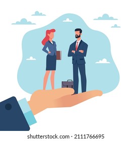 Providing the best specialists. Business cooperation. Businessman and woman standing on huge hand. Colleagues, working team or employee. Recruitment agency. Vector isolated concept