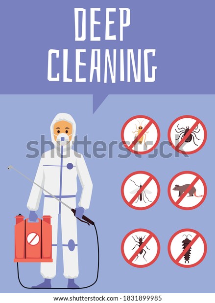 Providing deep cleaning pest control\
and disinsection service poster. Exterminator worker wearing\
special uniform banner, flat cartoon vector\
illustration
