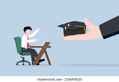 Providing educational opportunity for employee, corporate scholarship for further study in field of work concept. Employee showing delighted expression when boss hand give graduation cap for him.