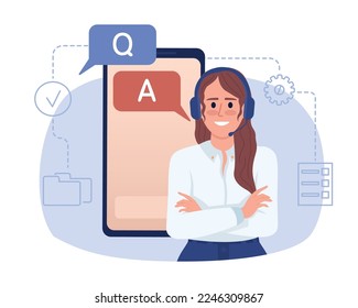 Providing excellent customer service 2D vector isolated illustration. Agent flat character on cartoon background. Colorful editable scene for mobile, website, presentation. Sniglet Regular font used