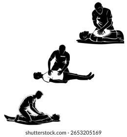 Fornecendo primeiro socorro médico de emergência, um homem pressionando o peito de um homem inconsciente, massagem cardíaca indireta. Conjunto vetorial de silhuetas, esboços pretos, contornos de pessoas