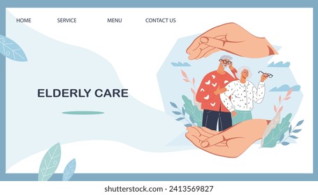 Providing insurance coverage and health care options for the elderly, senior people well-being and a comfortable retirement web banner, vector illustration. Senior care and retirement planning.