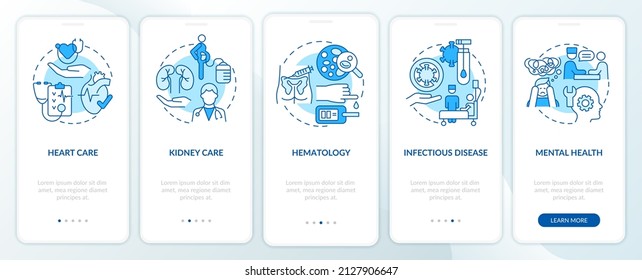 Providing medical services blue onboarding mobile app screen. Medicine walkthrough 5 steps graphic instructions pages with linear concepts. UI, UX, GUI template. Myriad Pro-Bold, Regular fonts used