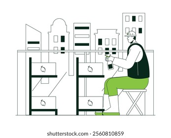 Providing nutrition to newly planted lemon seedlings on specially made shelves, urban farming vector illustration.