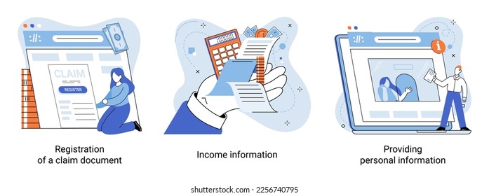 Providing personal information, report your income, claim documents concepts set with person submits reply to inspector. Employer form, earnings statement documents, Tax filing inspector and taxpayer