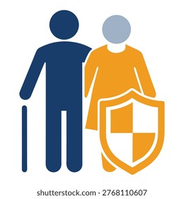 Providing security, support, and care for older adults with a man and woman holding a shield, representing protection.