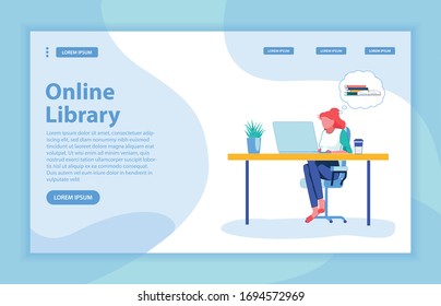 Providing Service to Student Online Twenty Four Hour, Seven Day Week. Red-Haired Girl Looking for Necessary Book and Study Guide on College Library Website. Flat Vector Landing Page with Copy Space.