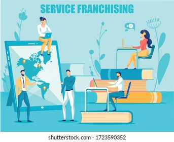 Providing Services to Franchise and Brand Licensing Companies. Corporate Business Development Strategy and Management Technology. Tiny People Cartoon Characters Team. Flat Vector Illustration.