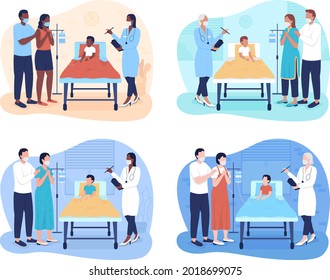 Providing sick children with medical care 2D vector isolated illustrations set. Visit patients in hospital flat characters on cartoon background. Pediatric intensive care colourful scene collection