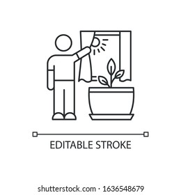 Providing sunlight for plant pixel perfect linear icon. Exposing domestic plants to natural light. Thin line customizable illustration. Contour symbol. Vector isolated outline drawing. Editable stroke