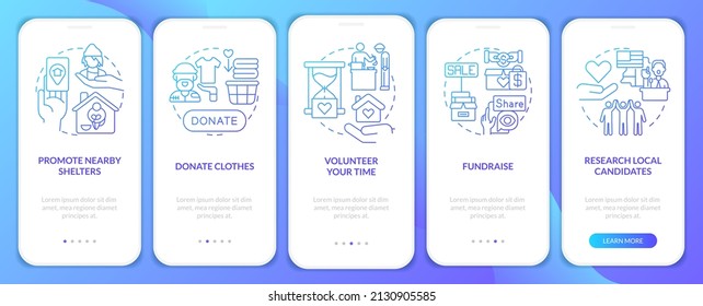 Providing support to homeless blue gradient onboarding mobile app screen. Walkthrough 5 steps graphic instructions pages with linear concepts. UI, UX, GUI template. Myriad Pro-Bold, Regular fonts used