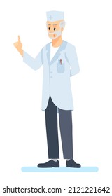 Providing treatment instructions semi flat RGB color vector illustration. Elderly doctor wearing white coat isolated cartoon character on white background
