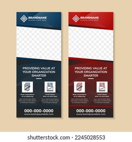 providing value at oraganization smarter roll up banner design template use vertical layout. polygonal triangle pattern. background with blue and green gradient color. diagonal space of photo collage