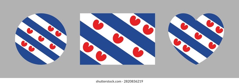 Province of Netherlands Friesland flag rectangular, round, heart button, badge. Friesland flag circle, heart, rectangle icon, sticker. National symbol, flag of region Friesland banner, background set.
