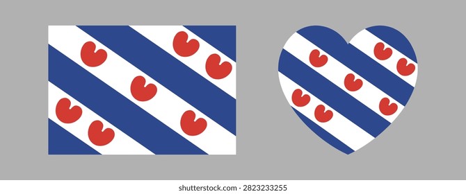 Province of Netherlands Friesland flag rectangular, heart button, badge. Set of Friesland flag heart, rectangle icon, sticker. National symbol, flag of region Friesland banner, background.