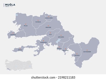 Muğla province of Turkey, detailed districts map. vector illustration.