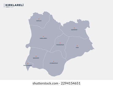 Kırklareli province of Turkey, province map.
