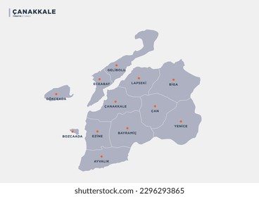 Çanakkale province of Turkey, province map.