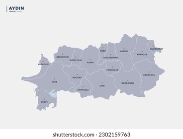 
Aydın province of Turkey, province map.