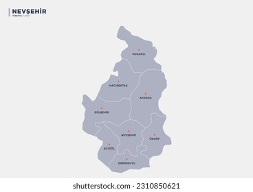 Nevşehir province of Turkey, province map.