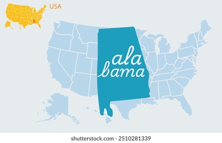 A province of the United States of America.alabama.art and illustrator.in background.USA map.vector design .4th of july