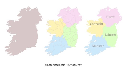 Provinces of Ireland map. Detailed outline and silhouette. Administrative divisions and counties. Set of vector maps. All isolated on white background. Template for design.