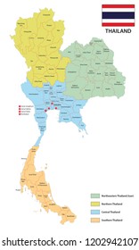 provinces and regions vector map of the kingdom of thailand with flag.