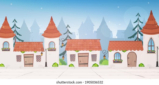 Provincial town. Fairy houses. Cartoon style. Vector illustration