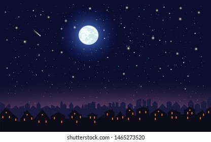 Provincial town at night. Bright moon and a shooting star. can be used as a background, postcard, parint on clothes, scrapbooking, book illustration