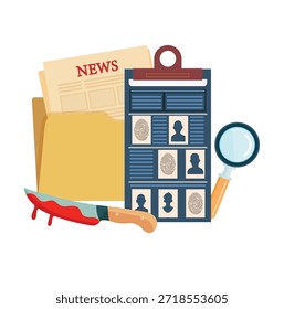 Provar um crime. Detetive. Clipart de vetor plano, ilustração com plano de fundo isolado.