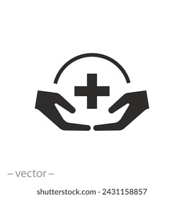 icono de primeros auxilios, manos sosteniendo cruz médica, atención médica, símbolo plano sobre fondo blanco - ilustración vectorial