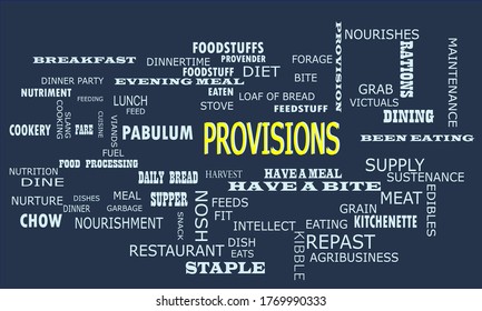 Provisions text presented in yellow color with multiple related words on dark grey background vector abstract background.