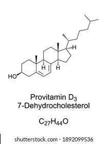 Provitamin form of Vitamin D3, chemical structure and skeletal formula. 7-Dehydrocholesterol, 7-DHC. Zoosterol, that functions as cholesterol precursor, converted to vitamin D3 under UVB light. Vector
