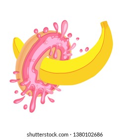 Provocative vector illustration with sweet donut and banana. Sweet strawberry pink donut with splashes, and tasty tropical banana fruit. Sweet food, funny illustration
