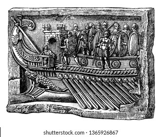 Prow Of A Roman War Ship Comprised The Naval Forces Of The Ancient Roman, Vintage Line Drawing Or Engraving Illustration.