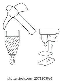 Prowler, drill table, crane hook common tools in a construction vector set include a saw, ideal for cutting wood, metal, a drill, which creates holes in various materials. clean, modern vector style.