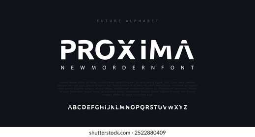 Proxima minimal modern alphabet fonts. Typography minimalist neon urban digital fashion future creative logo font. vector illustration